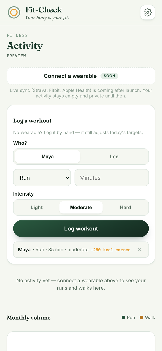 Fit-Check activity screen showing a logged workout adjusting today's calorie target