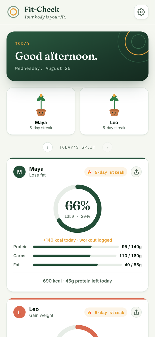 Fit-Check Today screen showing two people's calorie rings, streaks, and adaptive targets